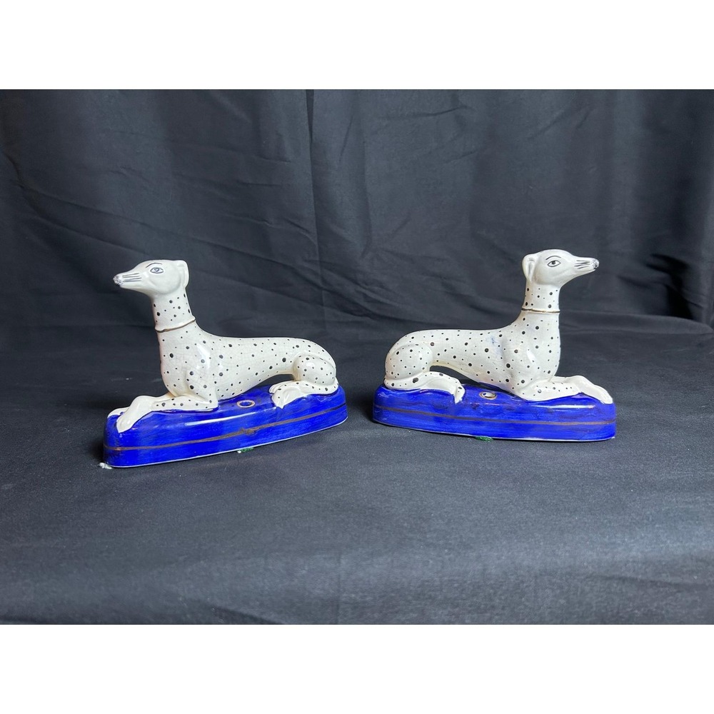 Staffordshire Greyhound Figurinesβ Pair White Blue Excellent Spotted English Dog